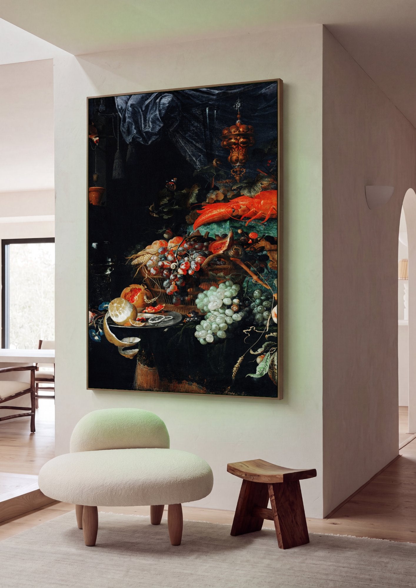 Quadro Decorativo Natureza-Morta com Lagosta e Frutas - Abraham Mignon em ambiente decorado