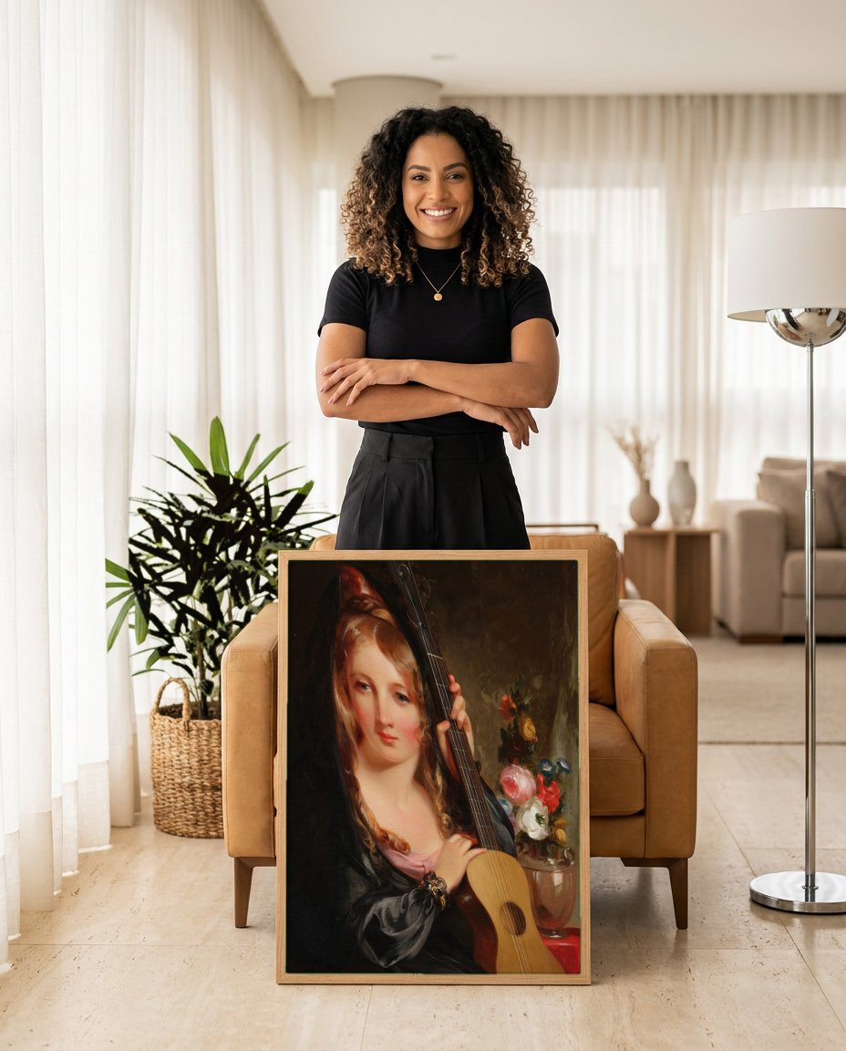Quadro Decorativo 'A Garota com o Violão' - Thomas Sully com modelo em ambiente