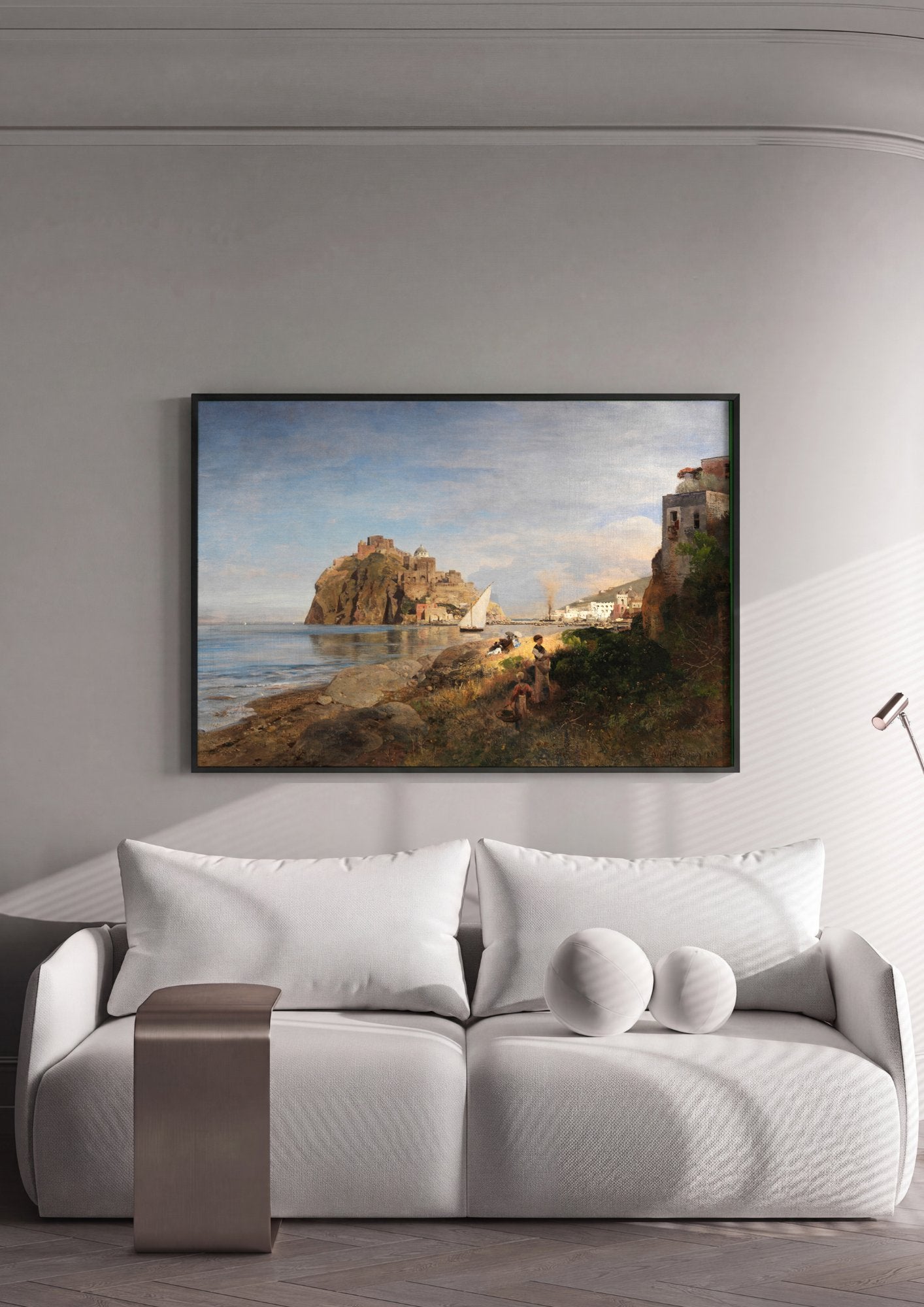 Quadro Decorativo Porto Italiano Ensolarado - Oswald Achenbach em ambiente decorado