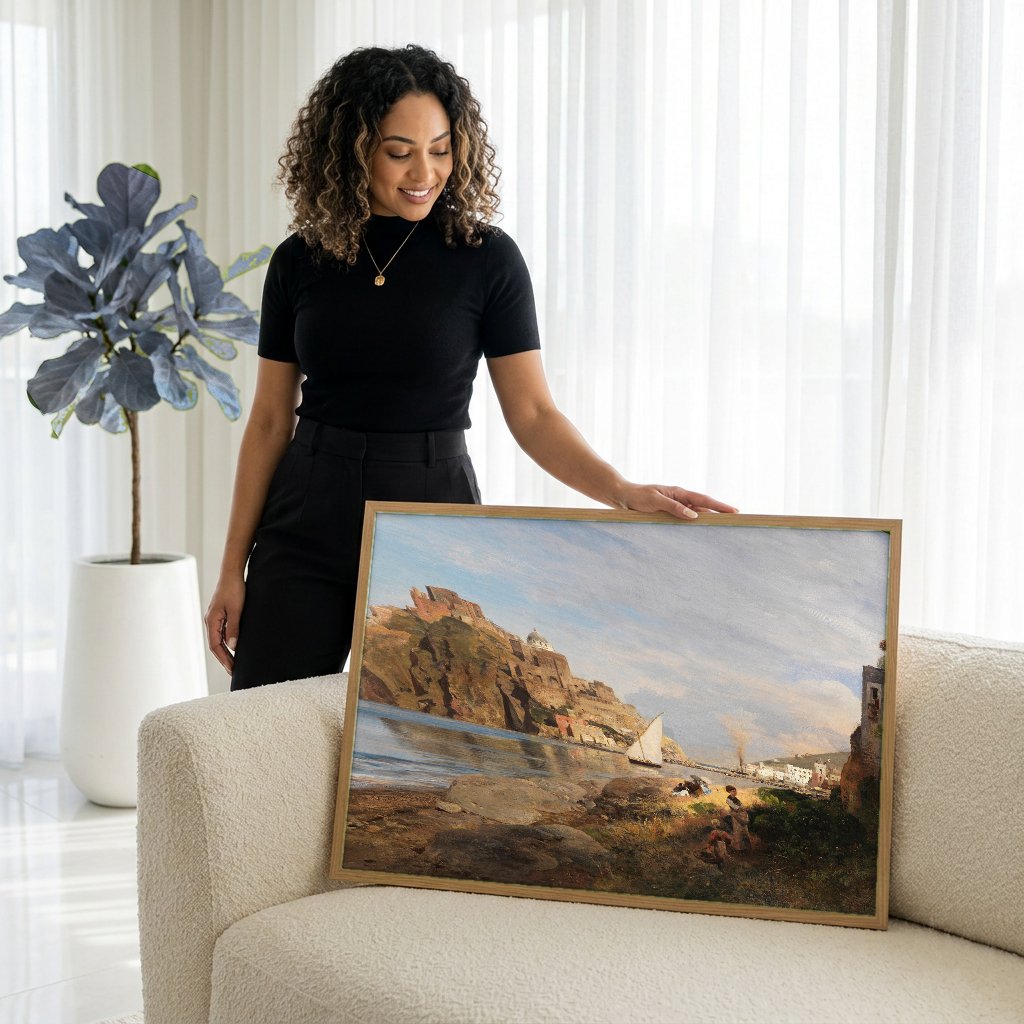 Quadro Decorativo Porto Italiano Ensolarado - Oswald Achenbach com modelo em ambiente
