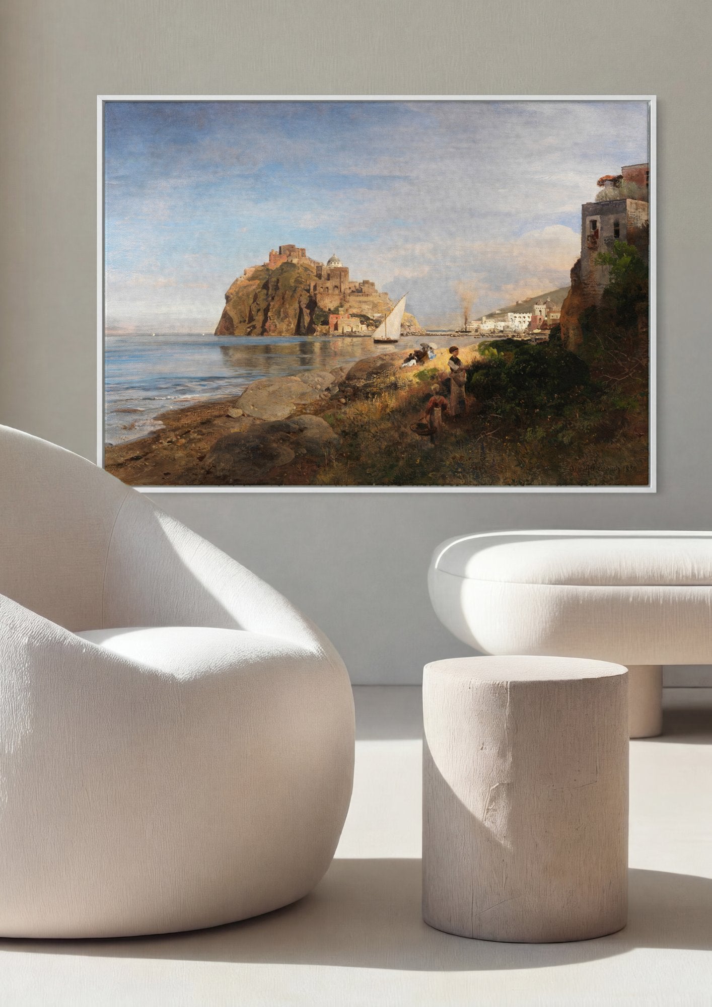 Quadro Decorativo Porto Italiano Ensolarado - Oswald Achenbach em ambiente decorado