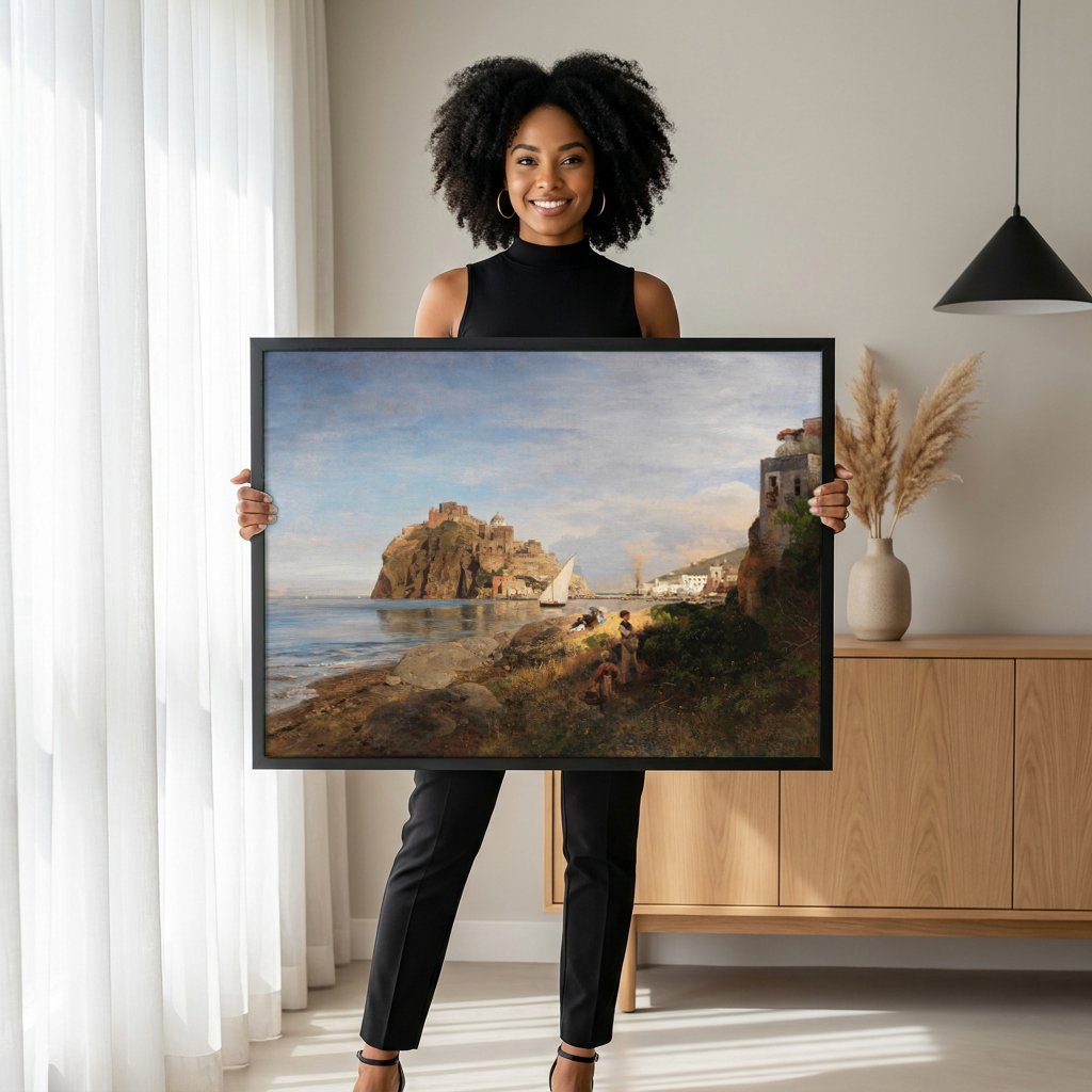 Quadro Decorativo Porto Italiano Ensolarado - Oswald Achenbach com modelo em ambiente