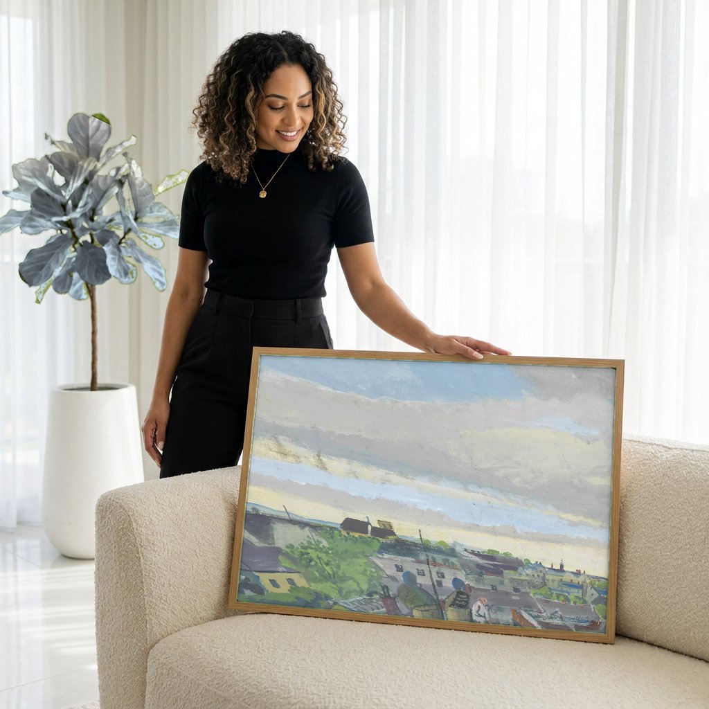 Quadro Decorativo Vista Urbana - Oskar Laske com modelo em ambiente