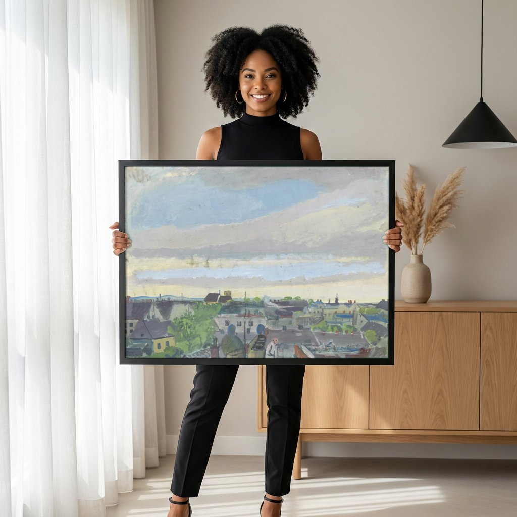 Quadro Decorativo Vista Urbana - Oskar Laske com modelo em ambiente