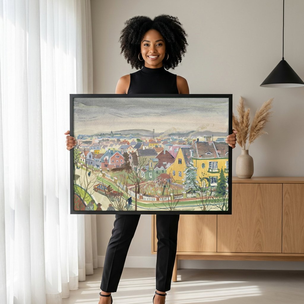 Quadro Decorativo Vista Urbana - Oskar Laske com modelo em ambiente