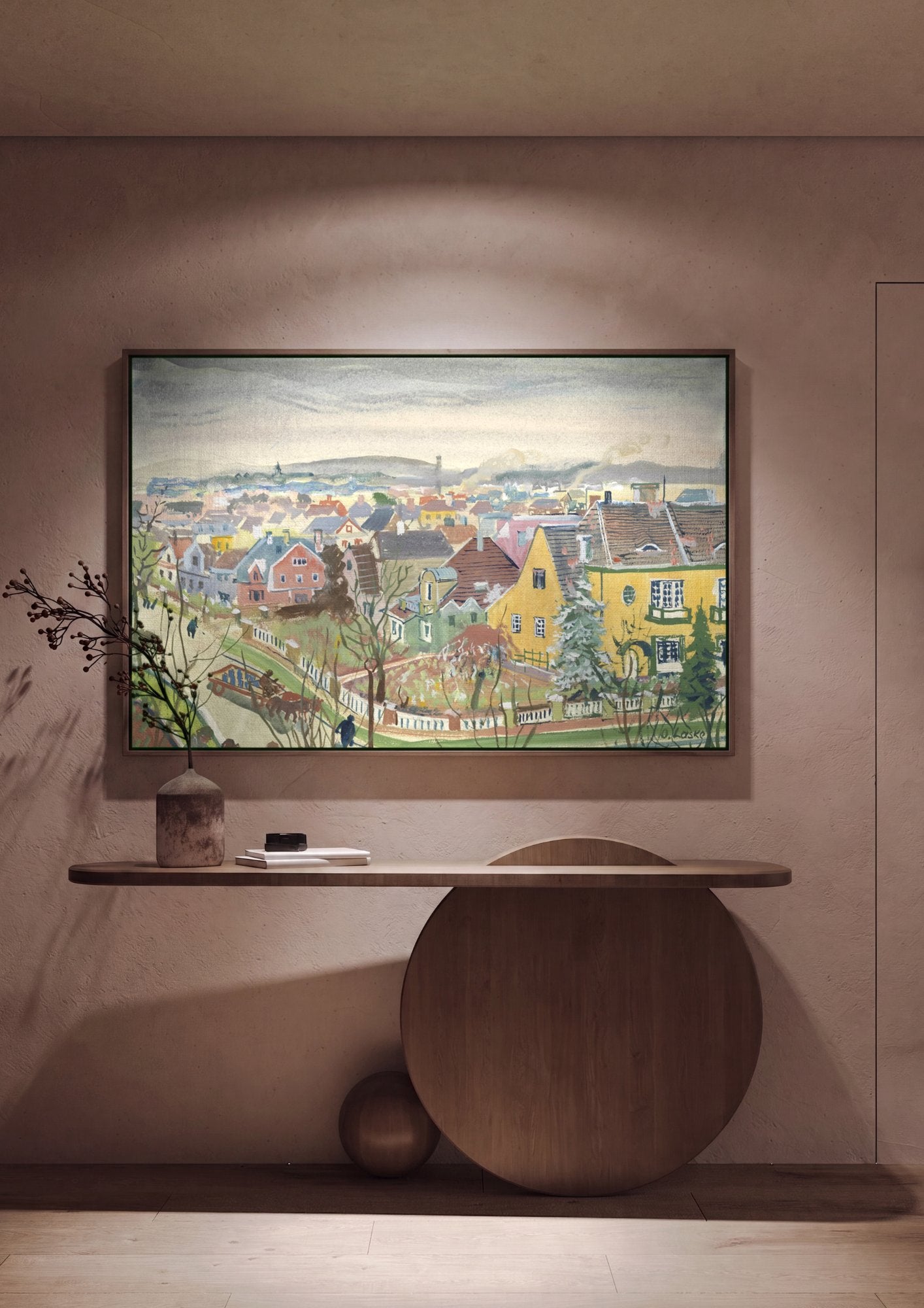 Quadro Decorativo Vista Urbana - Oskar Laske em ambiente decorado