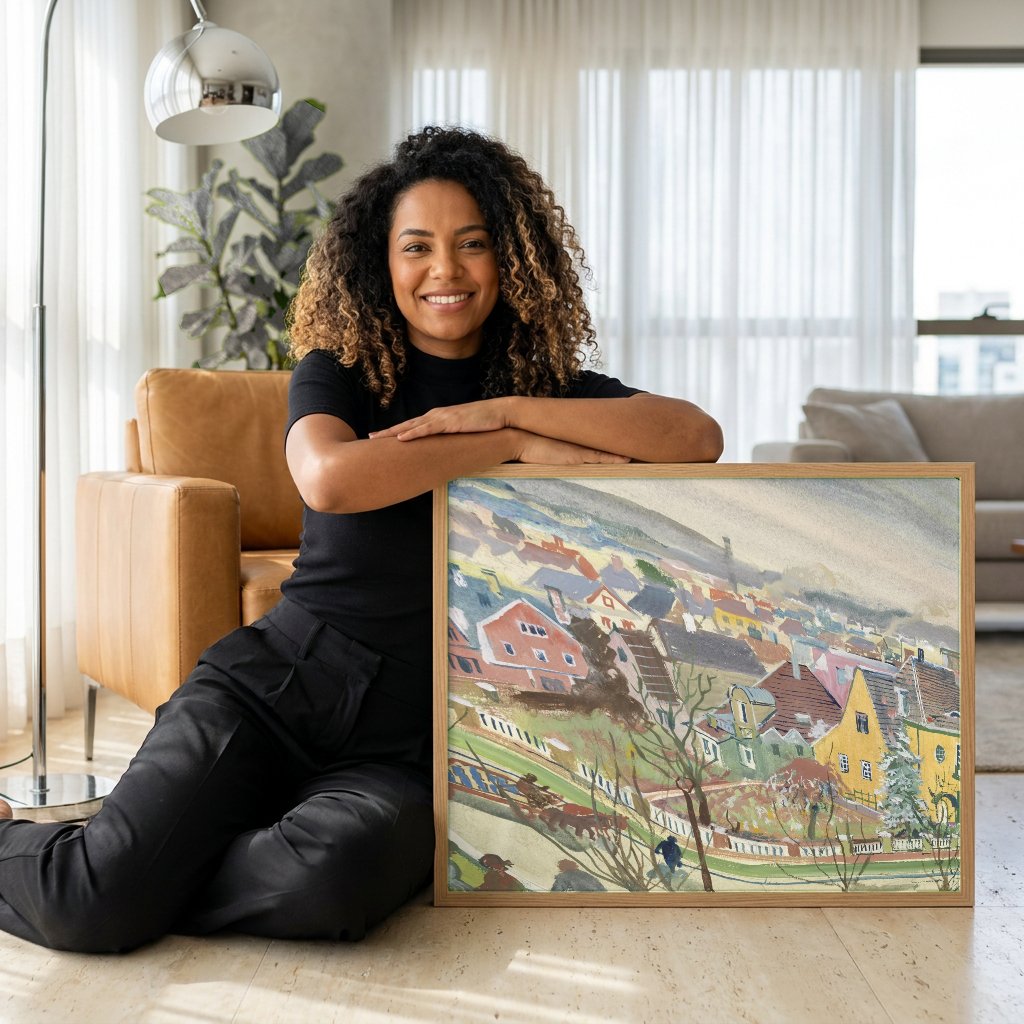 Quadro Decorativo Vista Urbana - Oskar Laske com modelo em ambiente