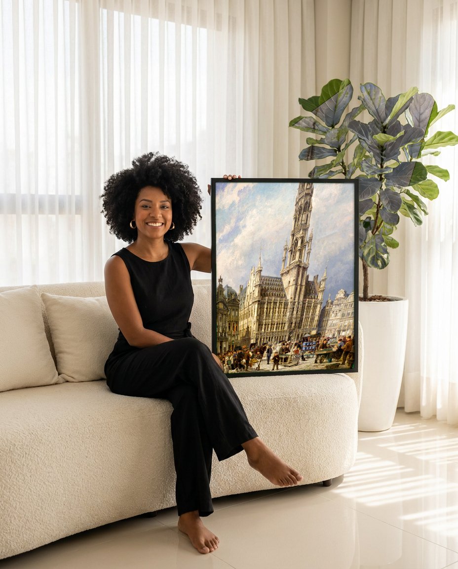 Quadro Decorativo A Grand-Place, Bruxelas - P. Van der Ouderaa com modelo em ambiente