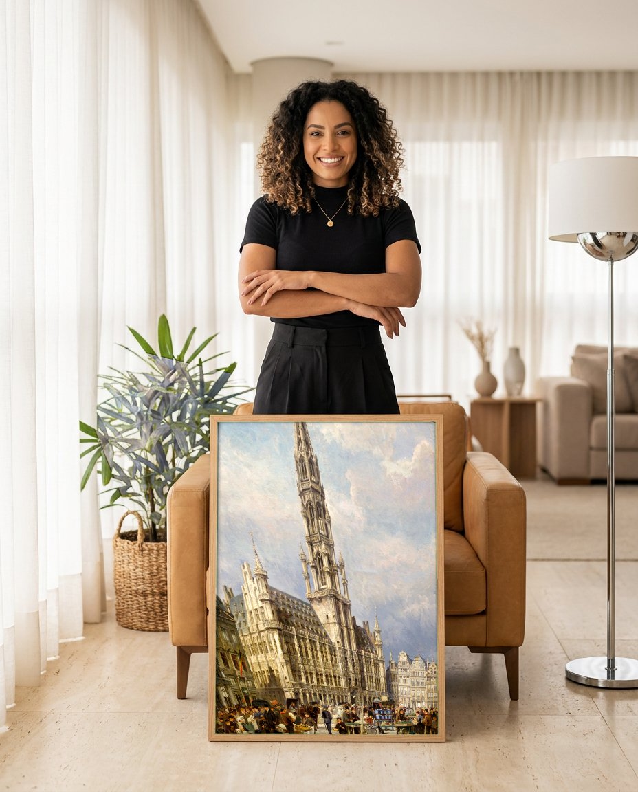 Quadro Decorativo A Grand-Place, Bruxelas - P. Van der Ouderaa com modelo em ambiente