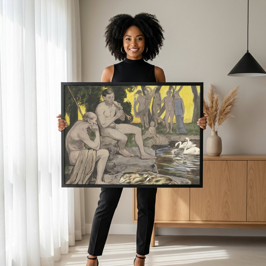 Quadro Decorativo Cena Pastoral com Flautista - Hans Thoma com modelo em ambiente