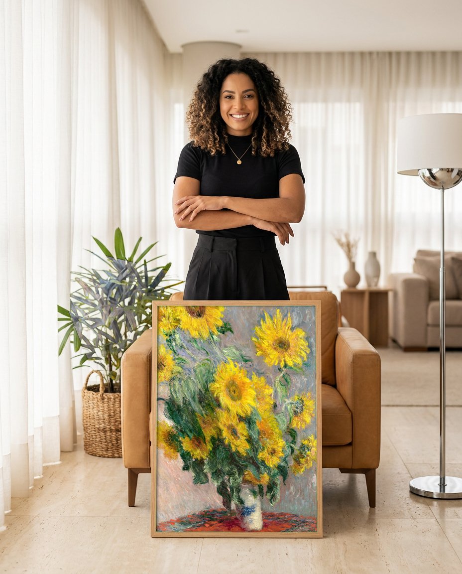 Quadro Decorativo Girassóis em Vaso - Claude Monet com modelo em ambiente