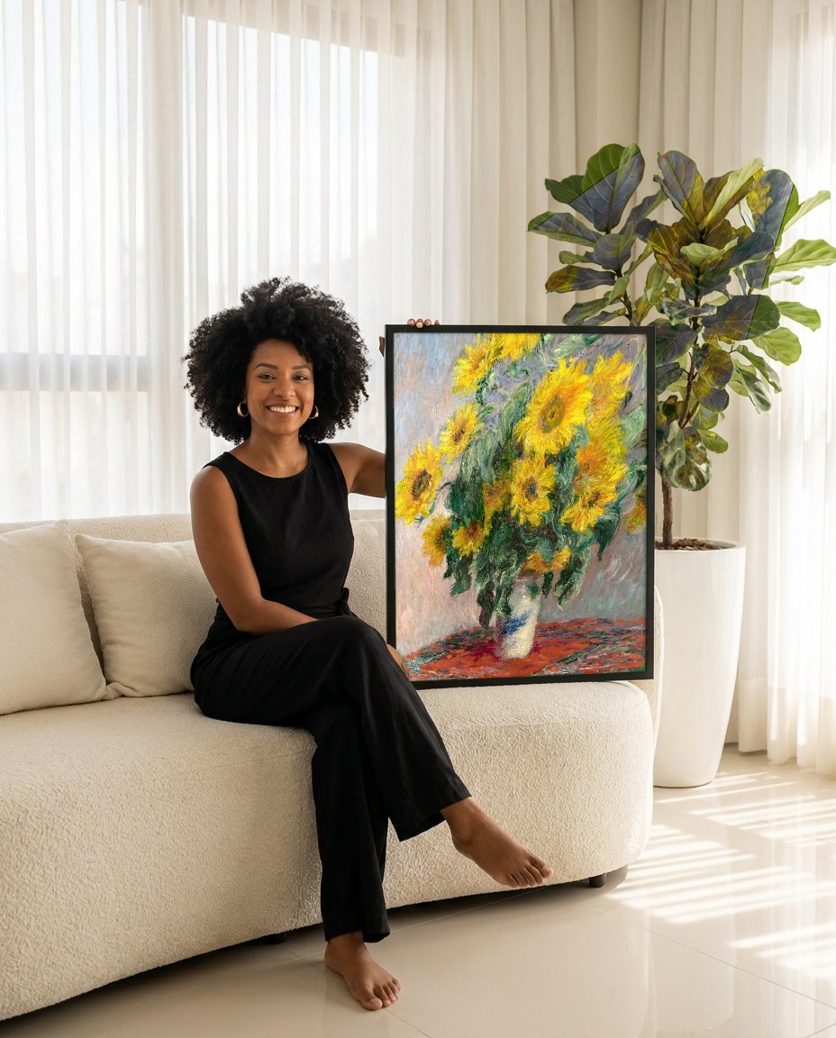 Quadro Decorativo Girassóis em Vaso - Claude Monet com modelo em ambiente