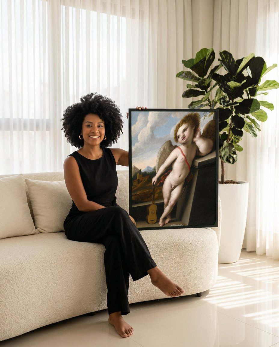 Quadro Decorativo Anjo Querubim com Alaúde - Sassoferrato com modelo em ambiente