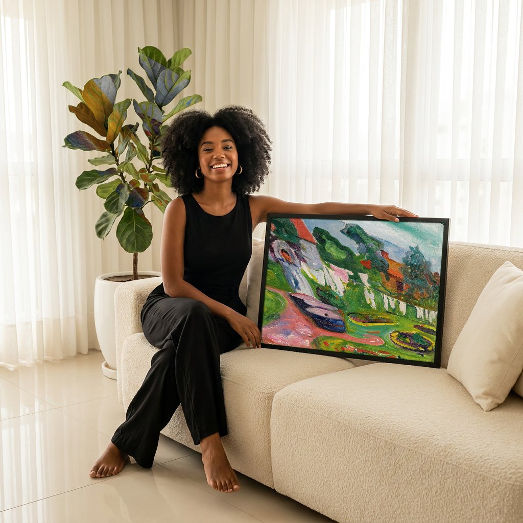 Quadro Decorativo Jardins com Mulher Lavando - Edvard Munch com modelo em ambiente