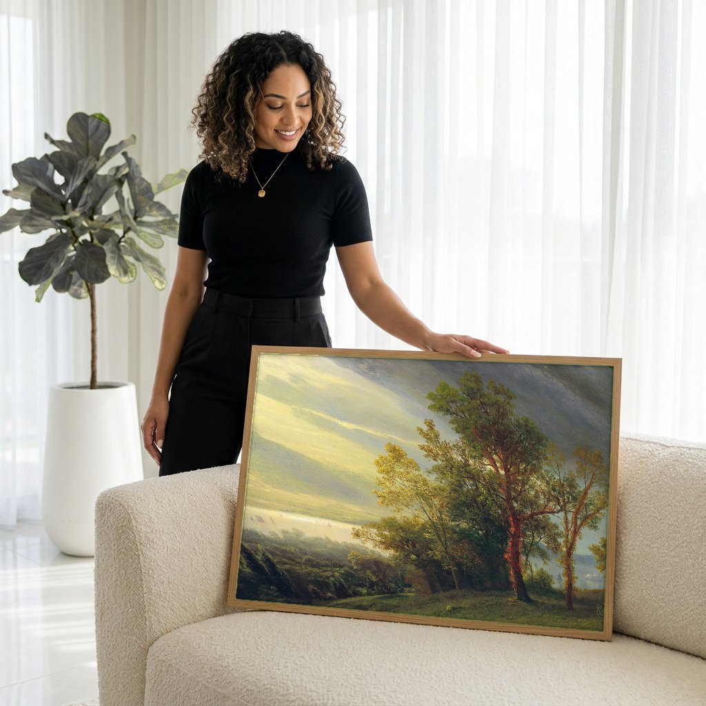 Quadro Decorativo Paisagem com Lago - Albert Bierstadt com modelo em ambiente