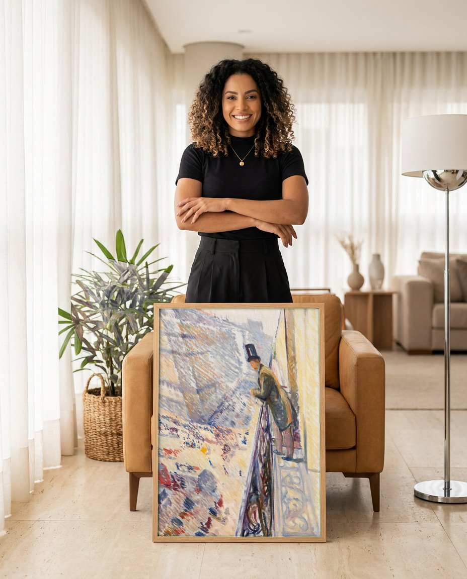 Quadro Decorativo Rua com Homem no Balcão - Edvard Munch com modelo em ambiente
