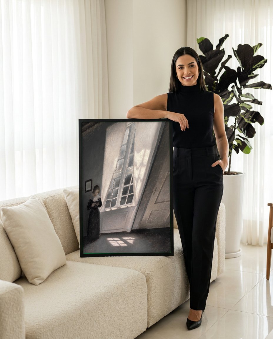 Quadro Decorativo Interior com Mulher Lendo - Vilhelm Hammershøi com modelo em ambiente