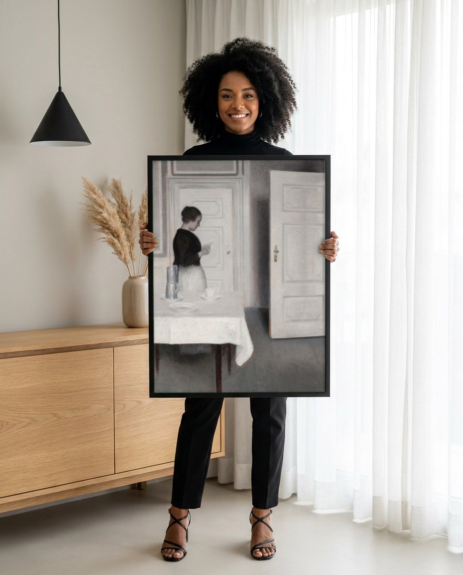 Quadro Decorativo Interior com Mulher Lendo - Hammershøi com modelo em ambiente