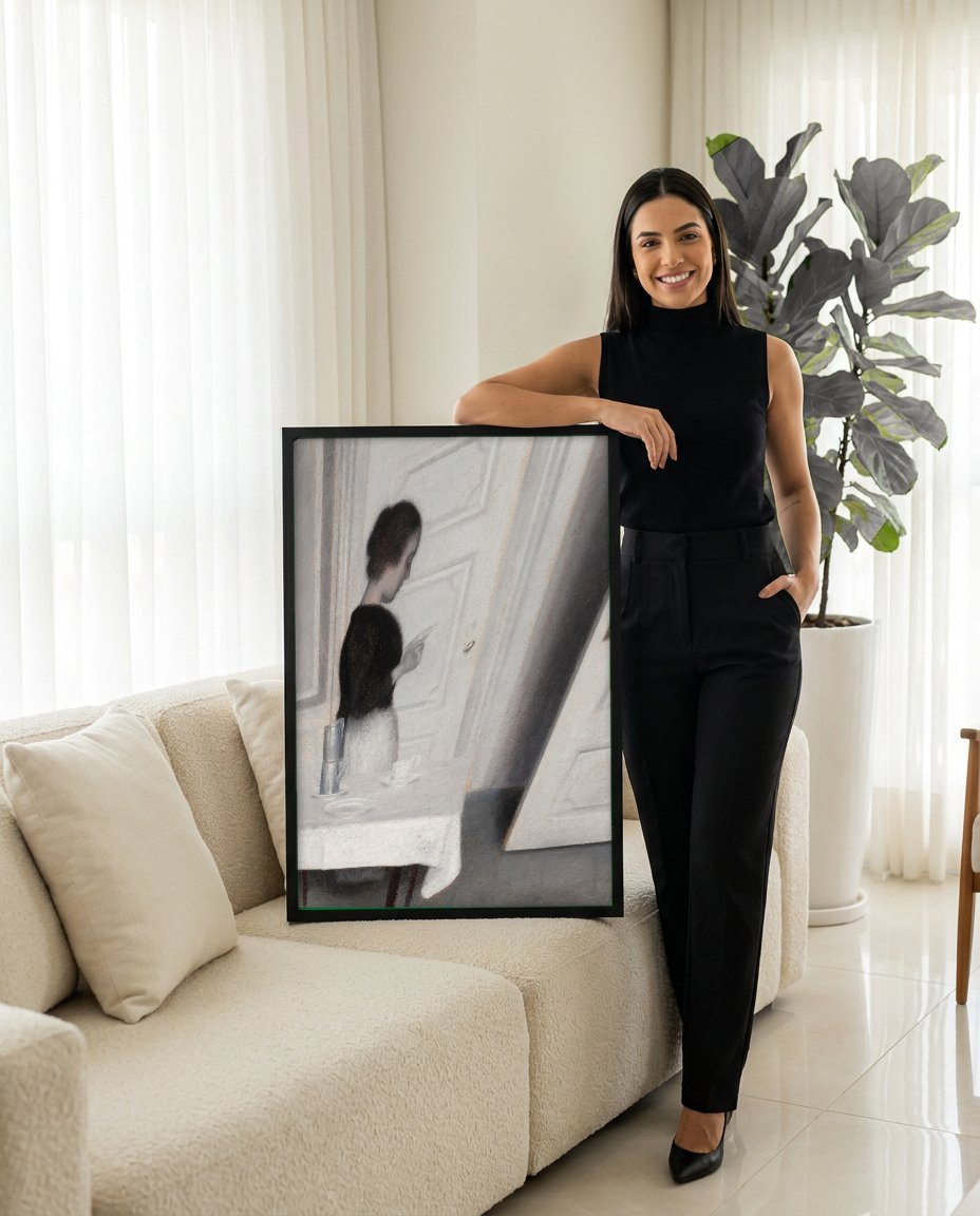 Quadro Decorativo Interior com Mulher Lendo - Hammershøi com modelo em ambiente