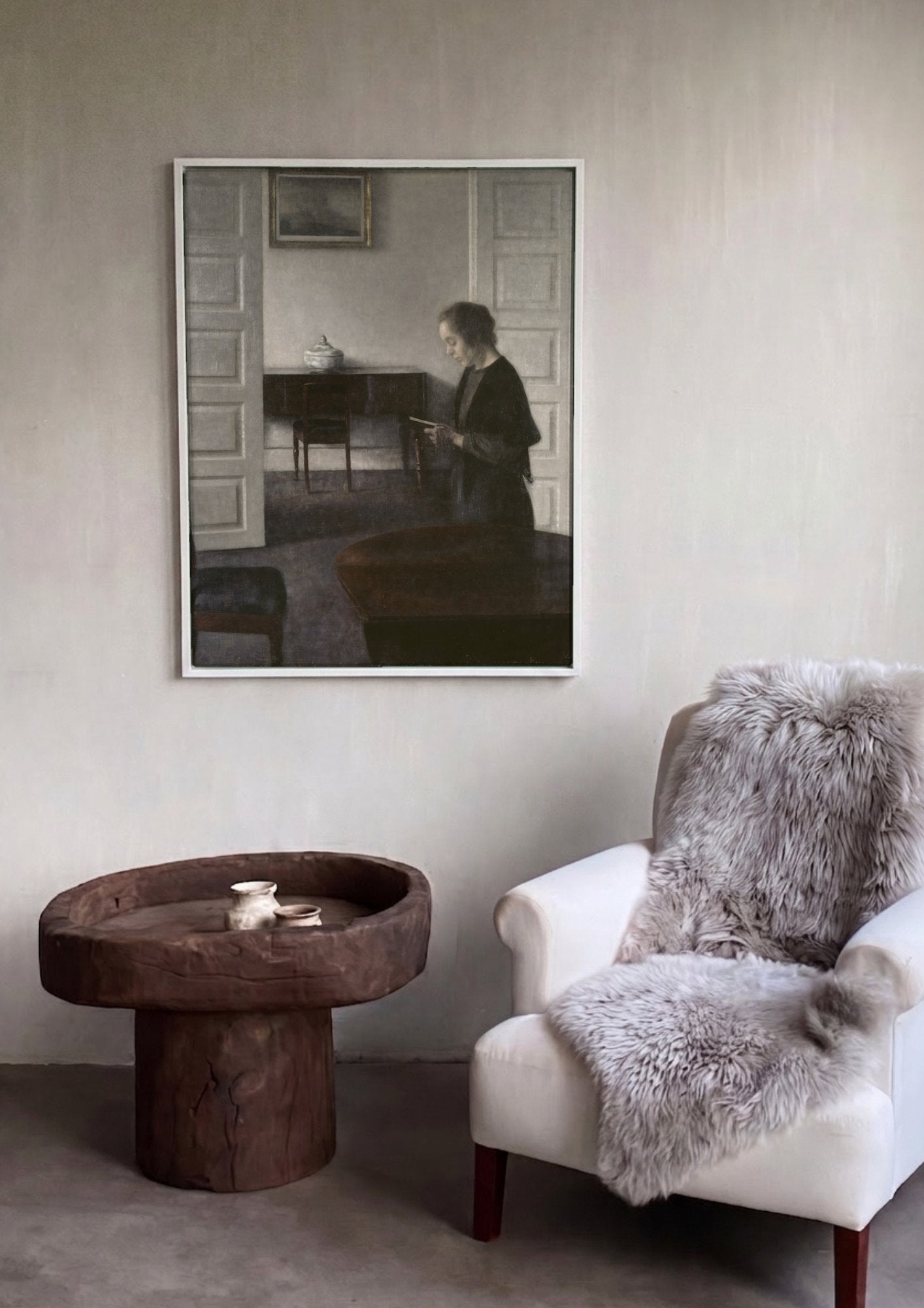 Quadro Decorativo Interior com Mulher Lendo – Vilhelm Hammershøi em ambiente decorado