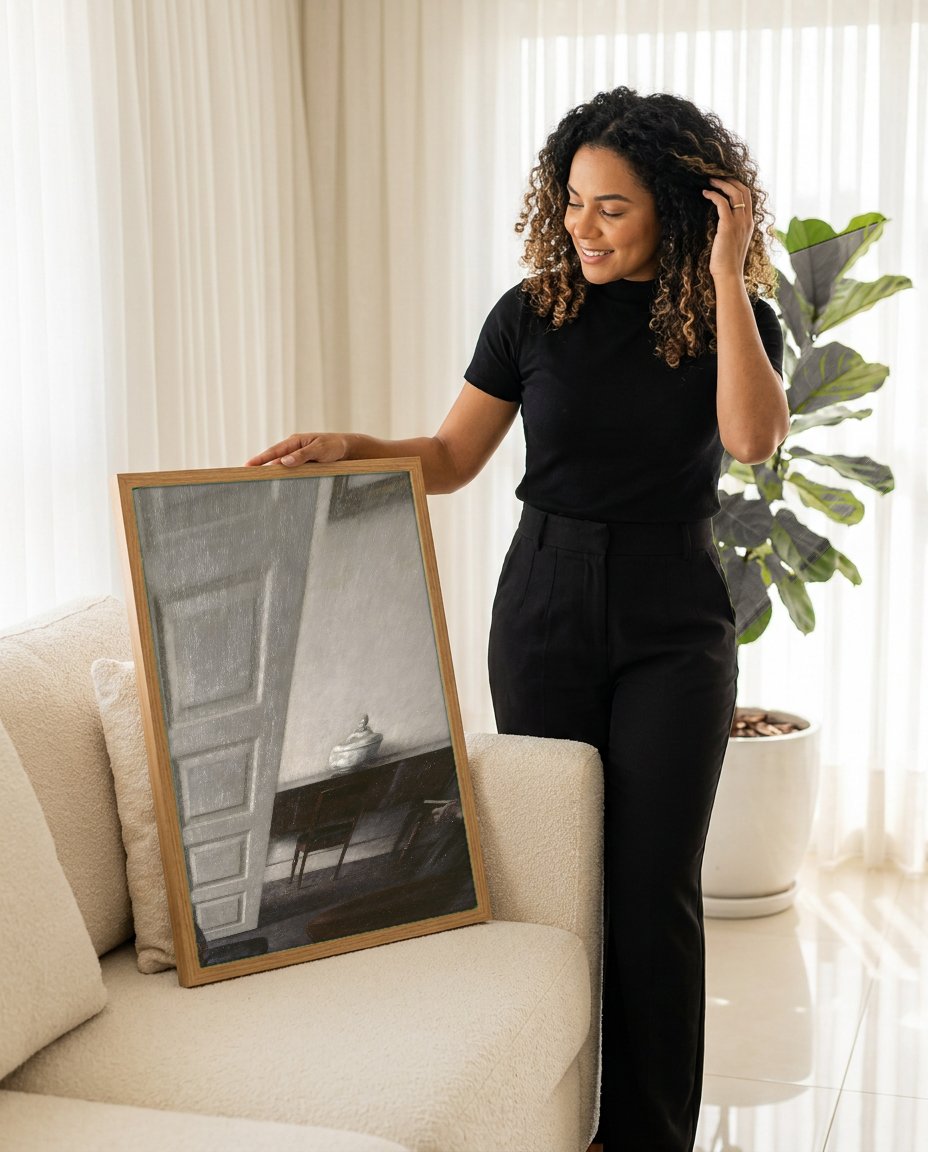 Quadro Decorativo Interior com Mulher Lendo – Vilhelm Hammershøi com modelo em ambiente