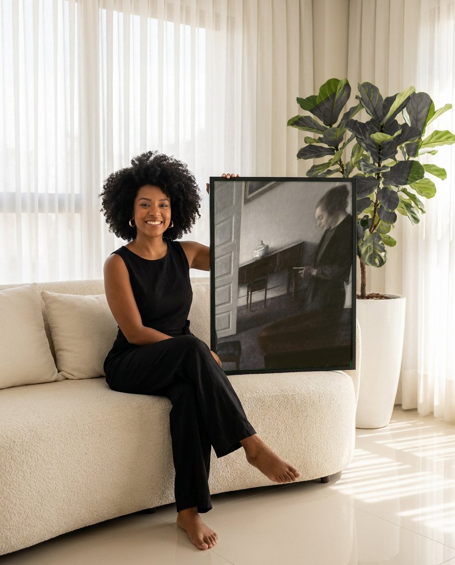 Quadro Decorativo Interior com Mulher Lendo – Vilhelm Hammershøi com modelo em ambiente