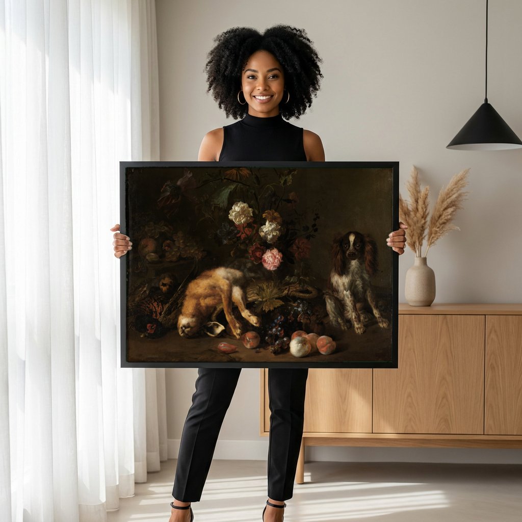 Quadro Decorativo Natureza Morta com Lebre - Largillière com modelo em ambiente