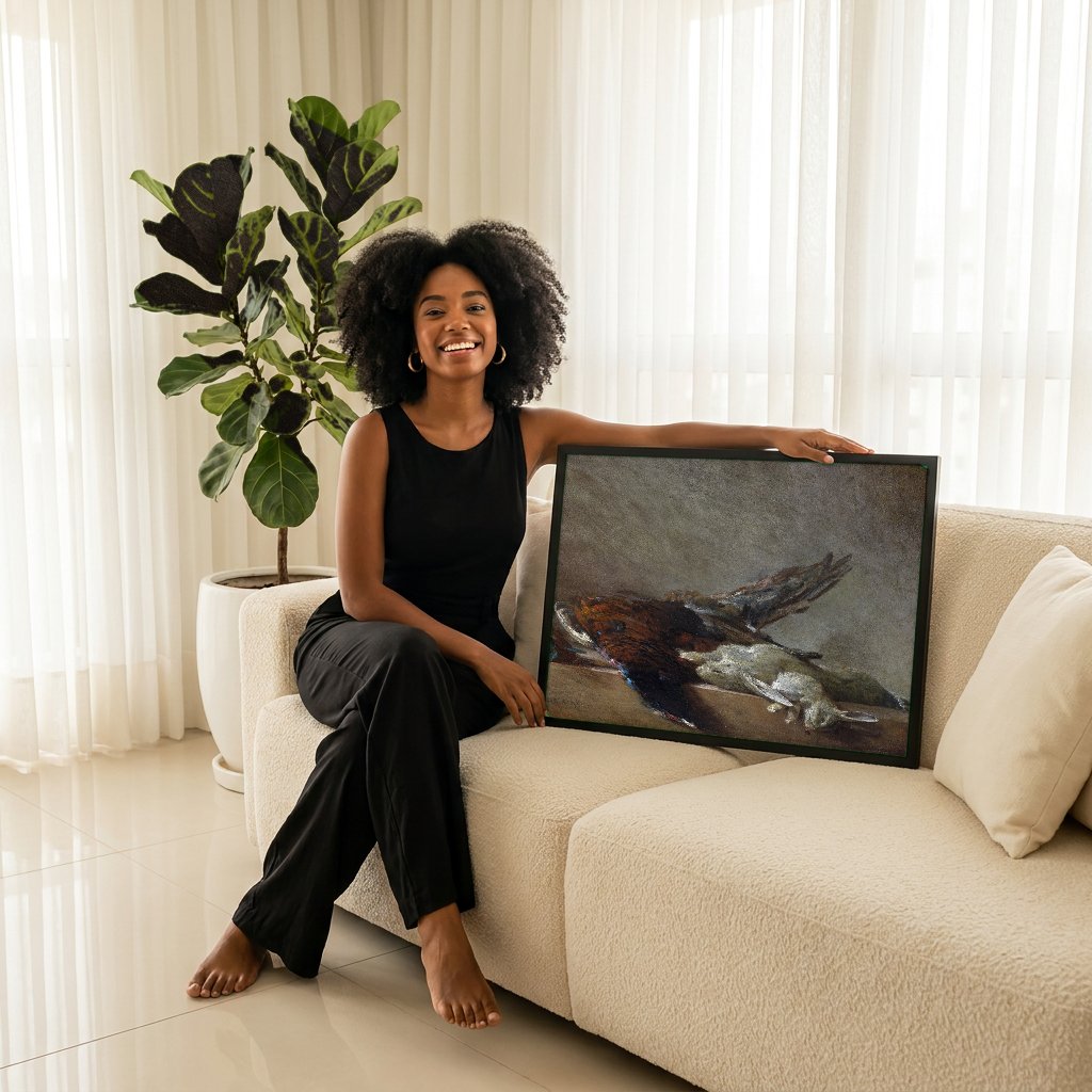 Quadro Decorativo Natureza-Morta com Lebre e Faisão - Chardin com modelo em ambiente