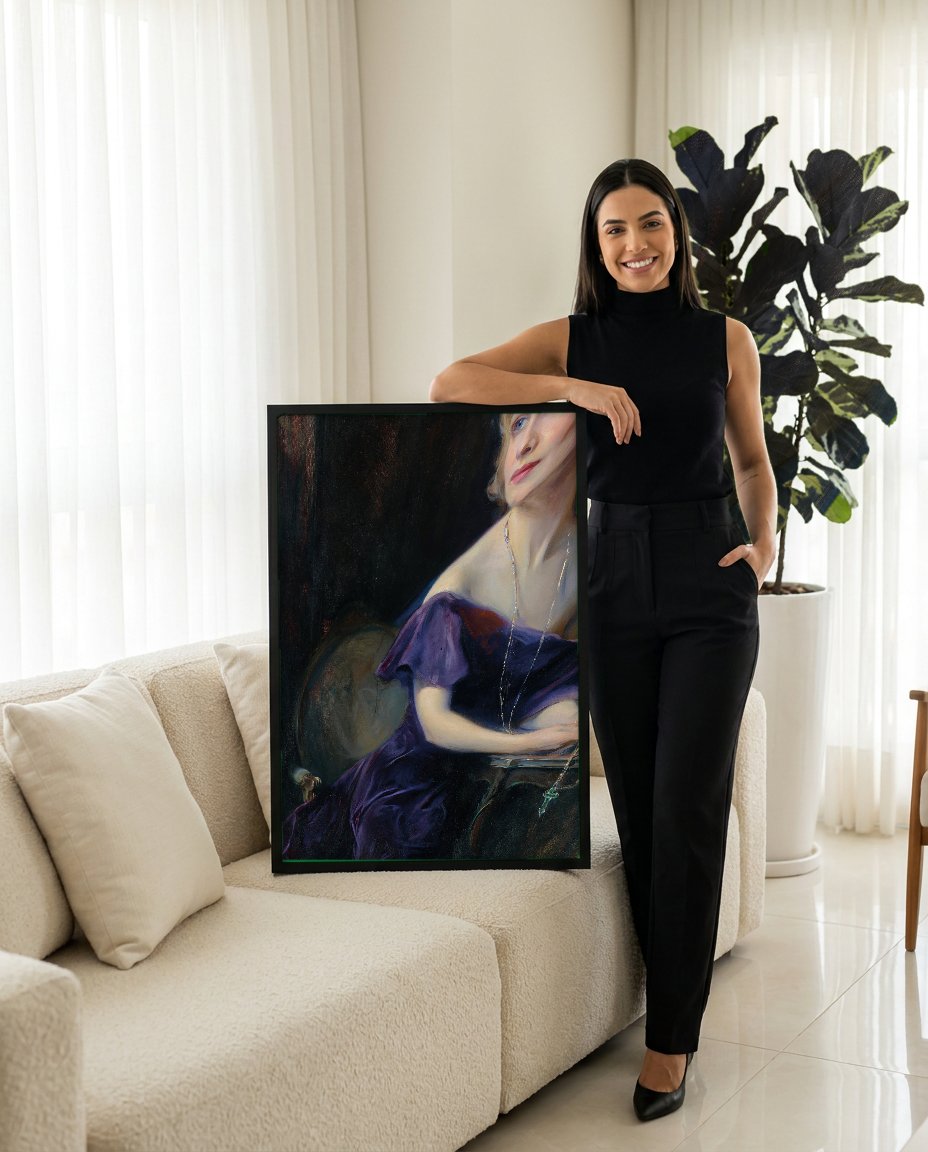 Quadro Decorativo Retrato de Mulher Elegante - Philip Alexius de László com modelo em ambiente