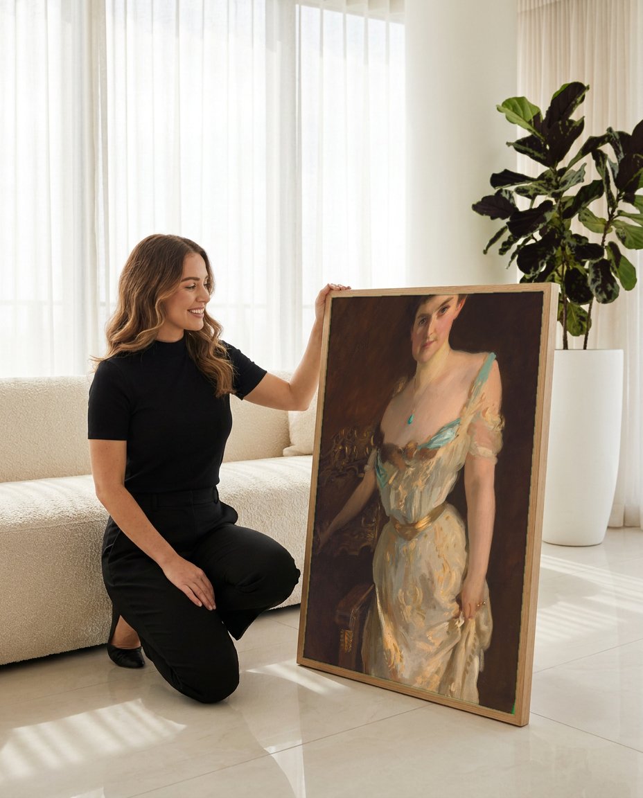 Quadro Decorativo Retrato de Mulher Elegante - John Singer Sargent com modelo em ambiente
