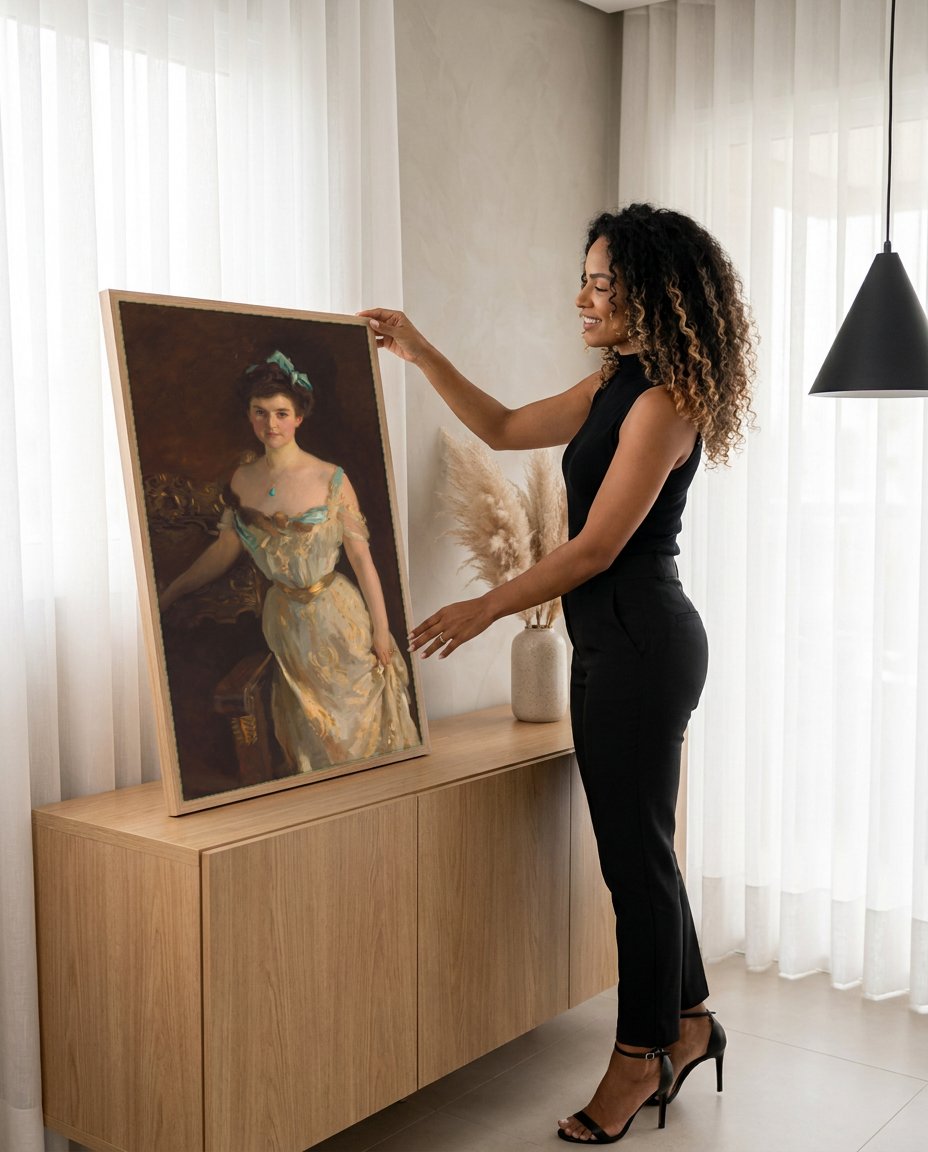 Quadro Decorativo Retrato de Mulher Elegante - John Singer Sargent com modelo em ambiente
