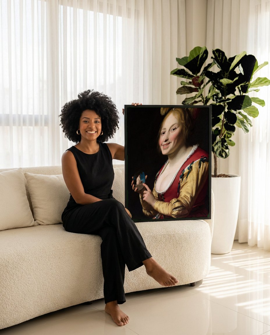 Quadro Decorativo A Feliz Cortesã (A Alegre Companhia) - Honthorst com modelo em ambiente