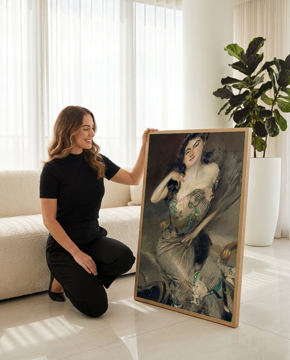 Quadro Decorativo Retrato de Mulher Elegante - Boldini com modelo em ambiente