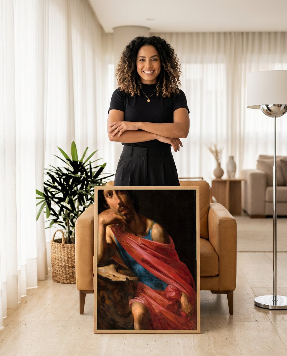 Quadro Decorativo "São João Batista" - Valentin de Boulogne com modelo em ambiente