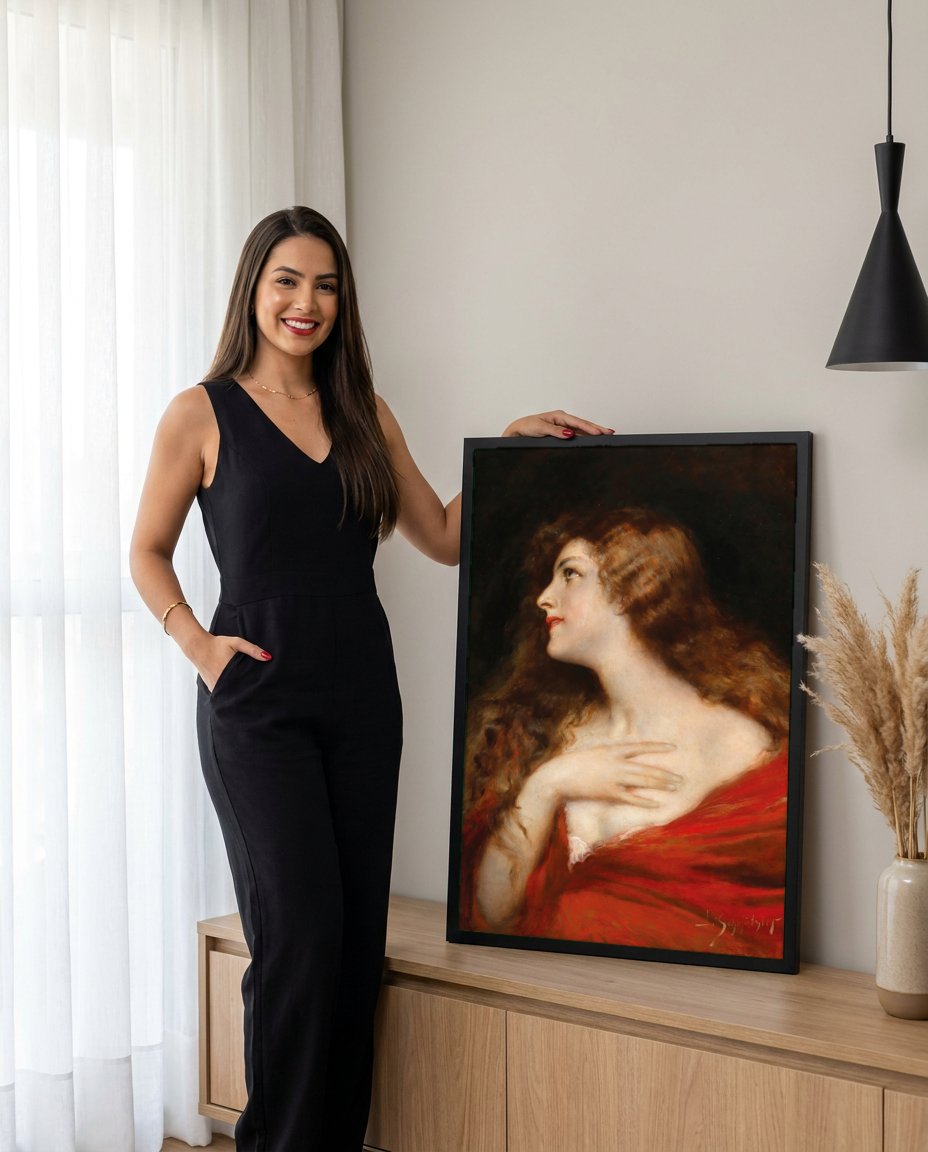Quadro Decorativo A Dama de Vermelho - Leopold Schmutzler com modelo em ambiente