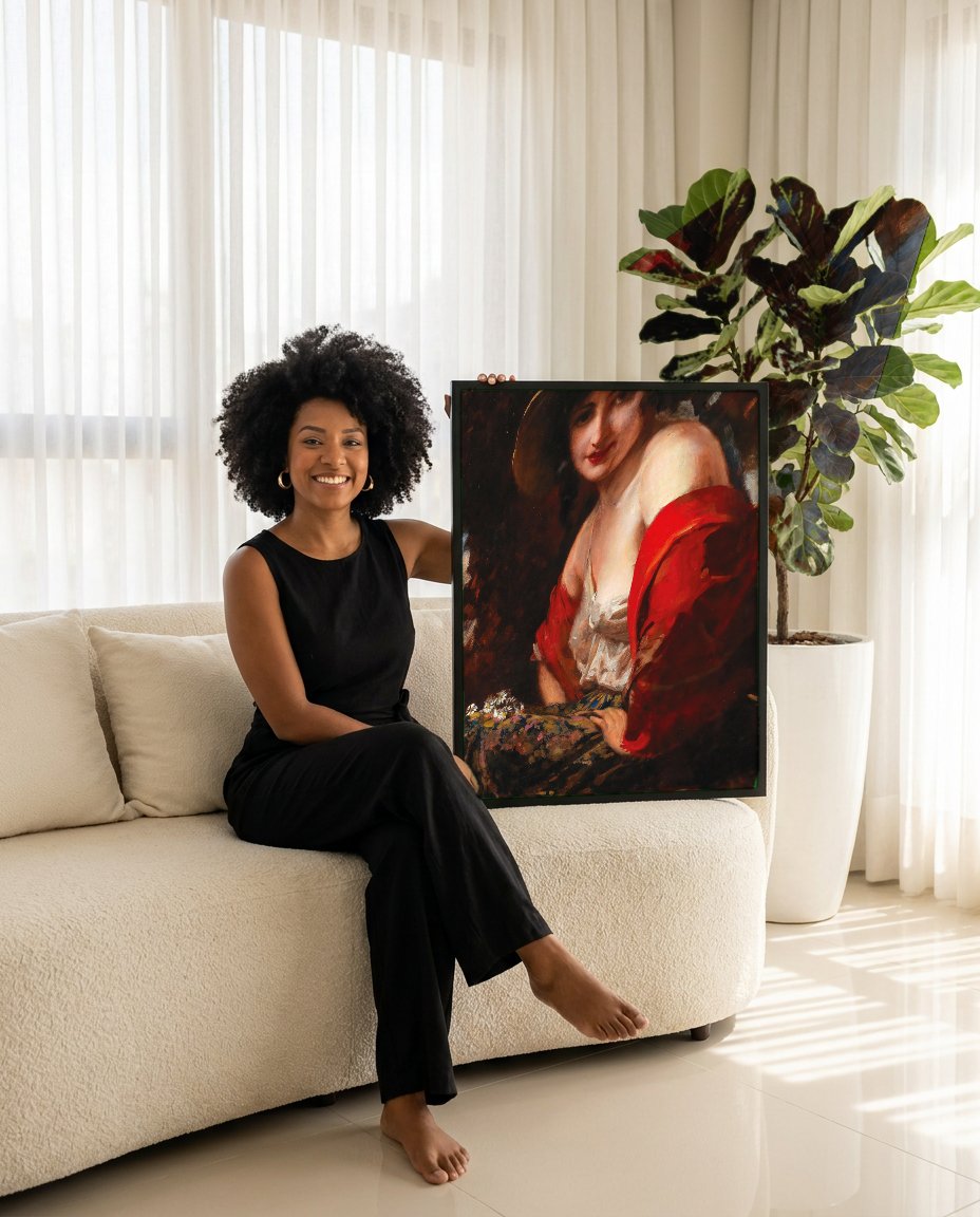 Quadro Decorativo A Mulher do Chapéu - Leopold Schmutzler com modelo em ambiente