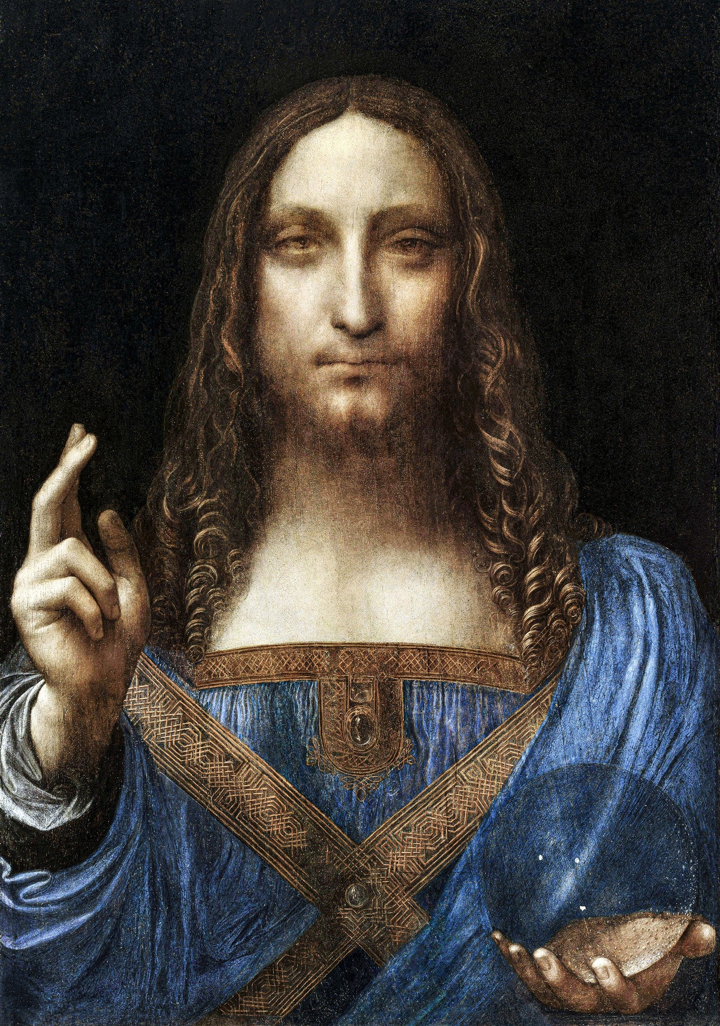 Quadro decorativo com a pintura 'Salvator Mundi' de Leonardo Da Vinci, retratando Jesus Cristo com a mão direita erguida em bênção e a esquerda segurando um orbe de cristal.