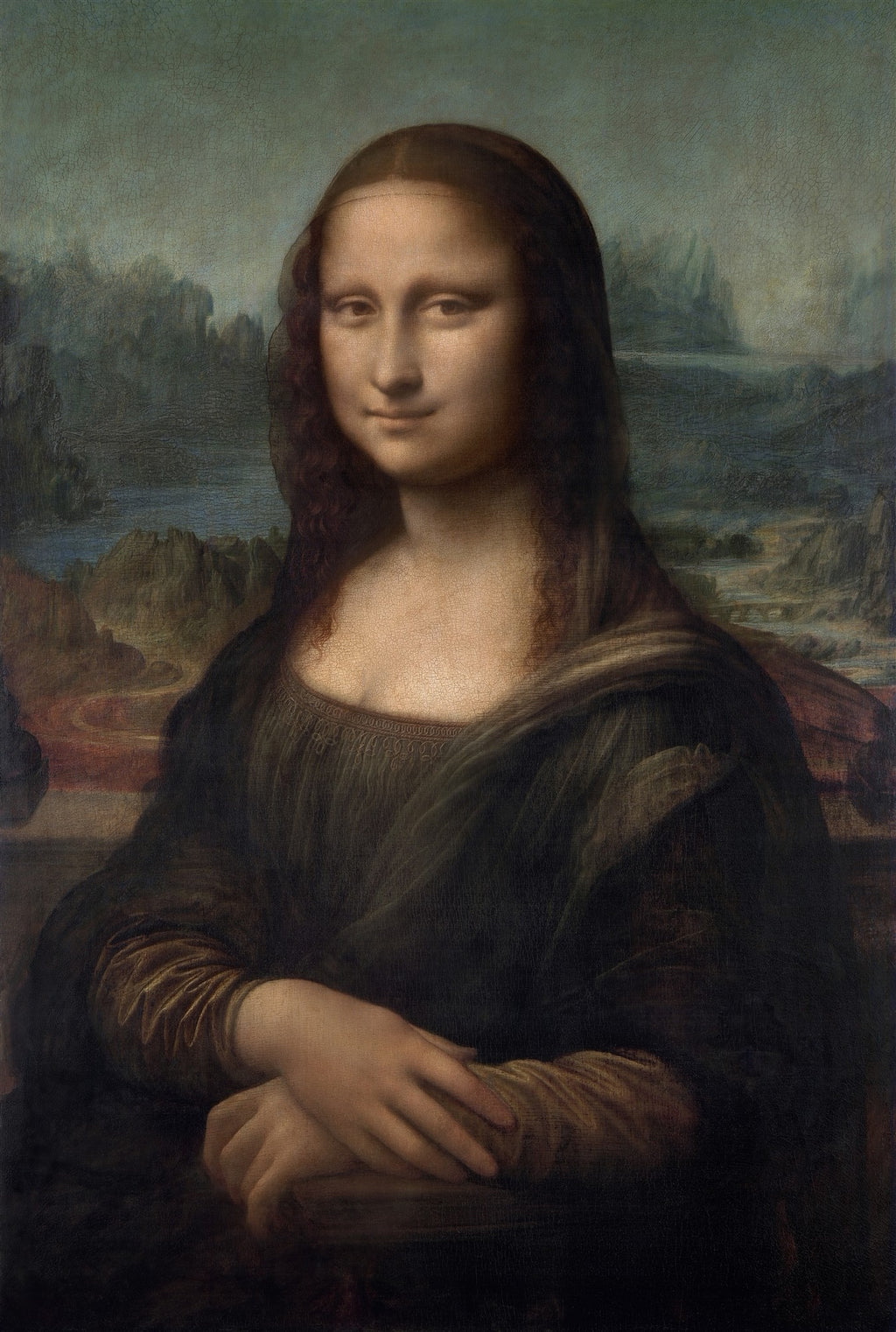 Quadro decorativo da Mona Lisa, pintura a óleo de Leonardo da Vinci, retratando uma mulher com um sorriso enigmático, mãos cruzadas e um fundo de paisagem montanhosa e fluvial em tons suaves.