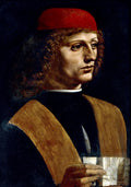 Retrato de um jovem com gorro vermelho e casaco marrom, segurando uma partitura musical, atribuído a Leonardo Da Vinci