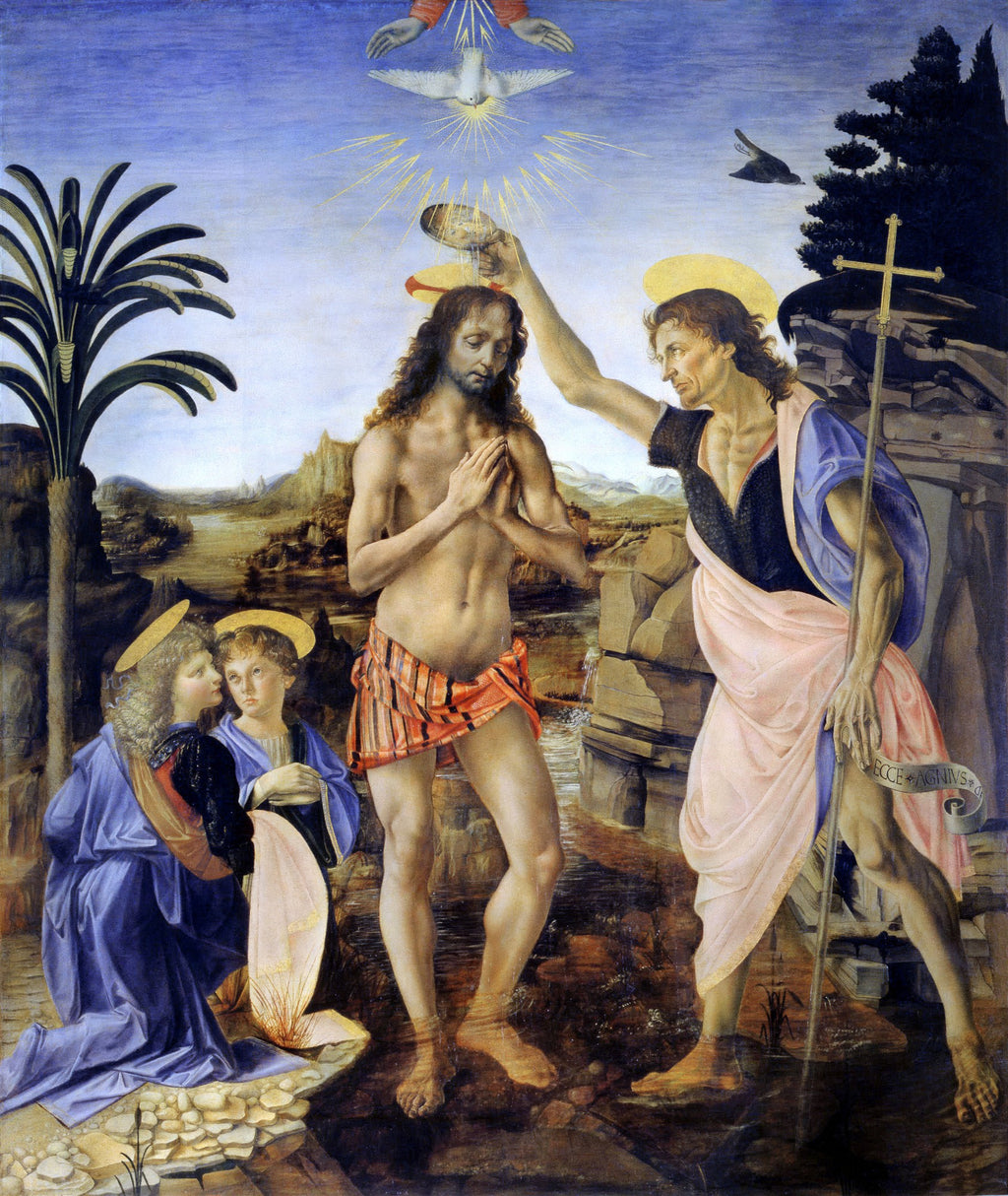 Quadro decorativo 'O Batismo de Cristo', obra renascentista atribuída a Andrea del Verrocchio e Leonardo Da Vinci. Jesus sendo batizado por São João Batista, com anjos observando e a pomba do Espírito Santo no céu.