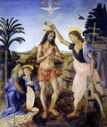 Quadro decorativo 'O Batismo de Cristo', obra renascentista atribuída a Andrea del Verrocchio e Leonardo Da Vinci. Jesus sendo batizado por São João Batista, com anjos observando e a pomba do Espírito Santo no céu.