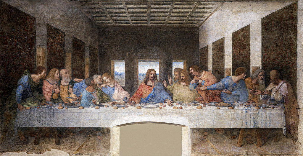 Quadro decorativo A Última Ceia de Leonardo Da Vinci, retratando Jesus e os doze apóstolos sentados à mesa durante a refeição, com expressões variadas de surpresa e consternação, em tons terrosos e azuis.