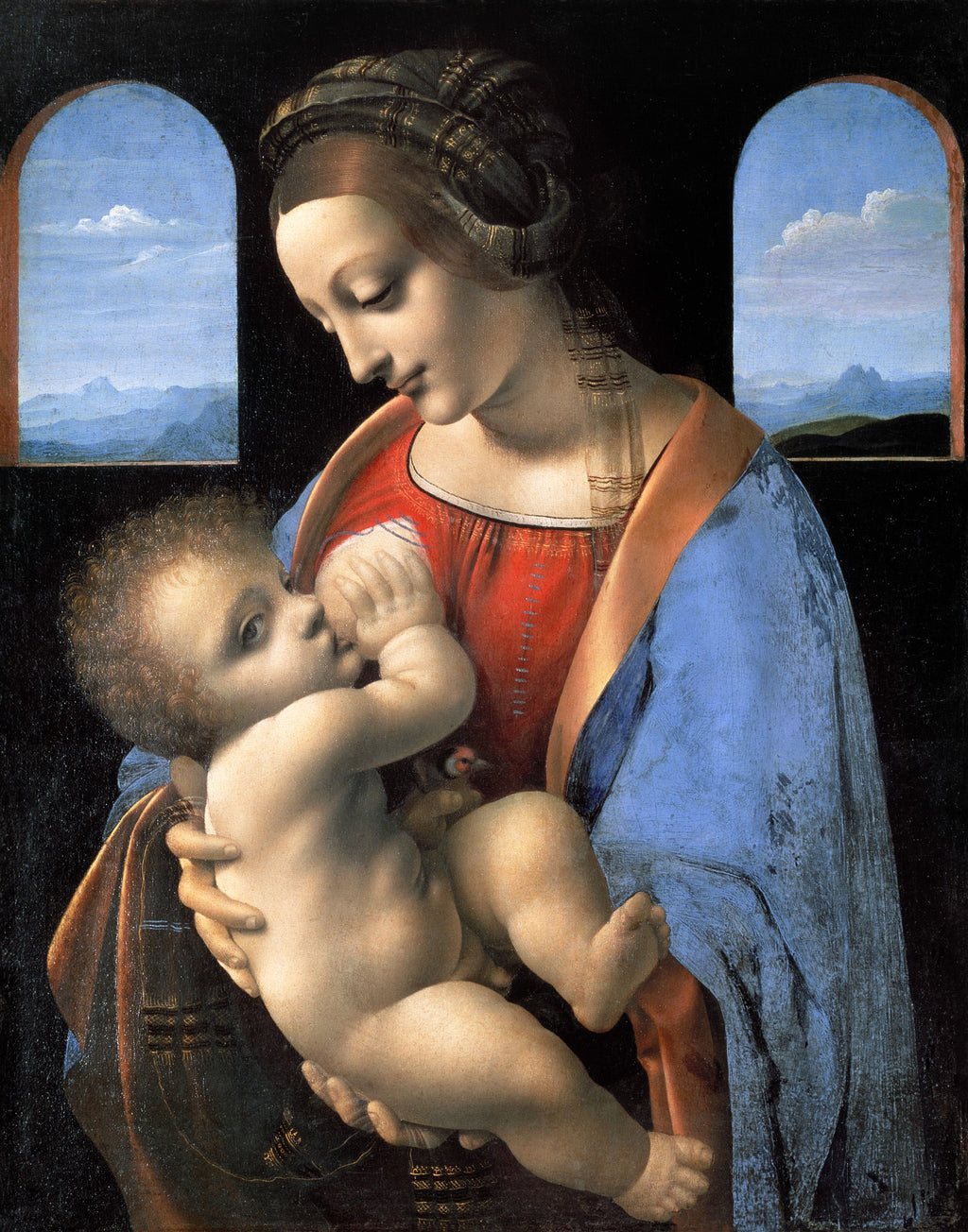 Quadro decorativo Madonna Litta, atribuído a Leonardo Da Vinci, mostrando a Virgem Maria amamentando o Menino Jesus, com janelas ao fundo revelando paisagens montanhosas. A imagem é rica em detalhes e tons suaves.