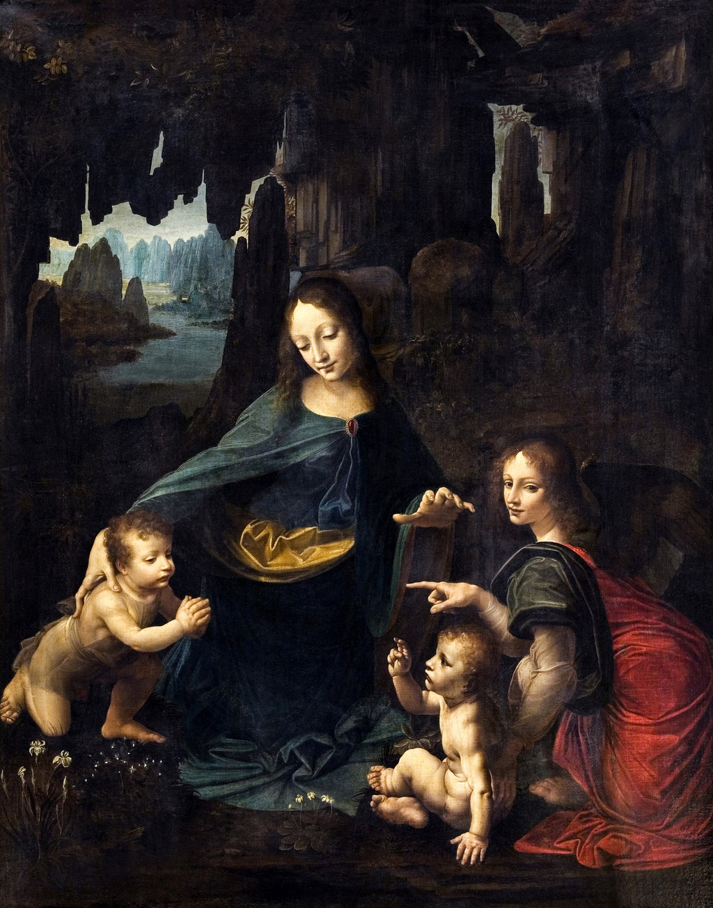Quadro decorativo 'A Virgem dos Rochedos' de Leonardo Da Vinci, mostrando a Virgem Maria, o Menino Jesus, São João Batista e um anjo em uma gruta rochosa, com paisagem montanhosa ao fundo e a técnica sfumato evidente.
