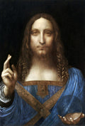 Pintura a óleo de Salvator Mundi, atribuída a Leonardo Da Vinci, retratando Jesus Cristo com uma esfera de cristal na mão esquerda e a mão direita em gesto de bênção, sobre fundo escuro.