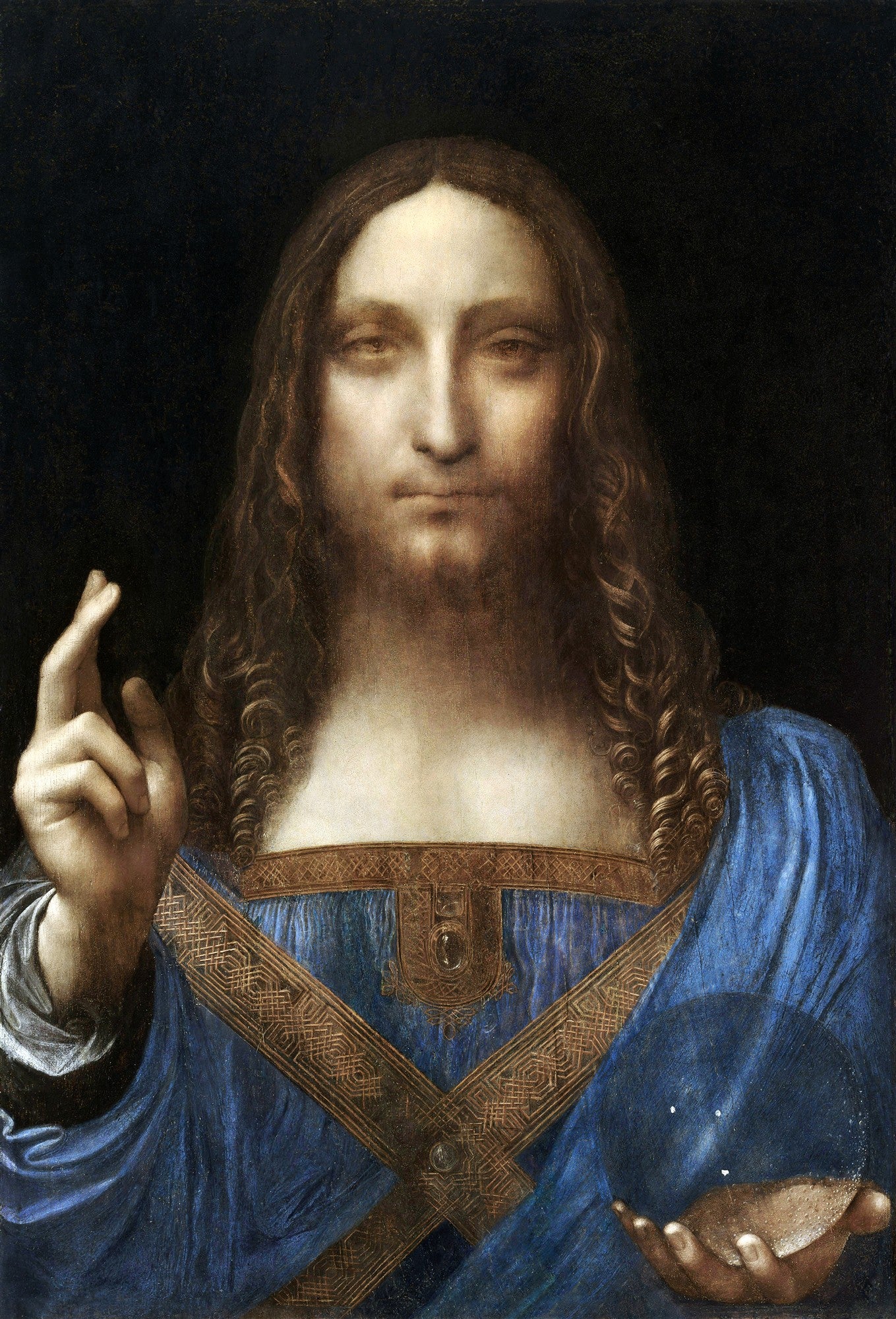 Pintura a óleo de Salvator Mundi, atribuída a Leonardo Da Vinci, retratando Jesus Cristo com uma esfera de cristal na mão esquerda e a mão direita em gesto de bênção, sobre fundo escuro.