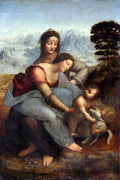 Pintura de Leonardo Da Vinci, "A Virgem, o Menino Jesus e Sant'Ana", mostrando Maria no colo de Sant'Ana, com o Menino Jesus abraçando um cordeiro, em uma paisagem montanhosa de fundo.