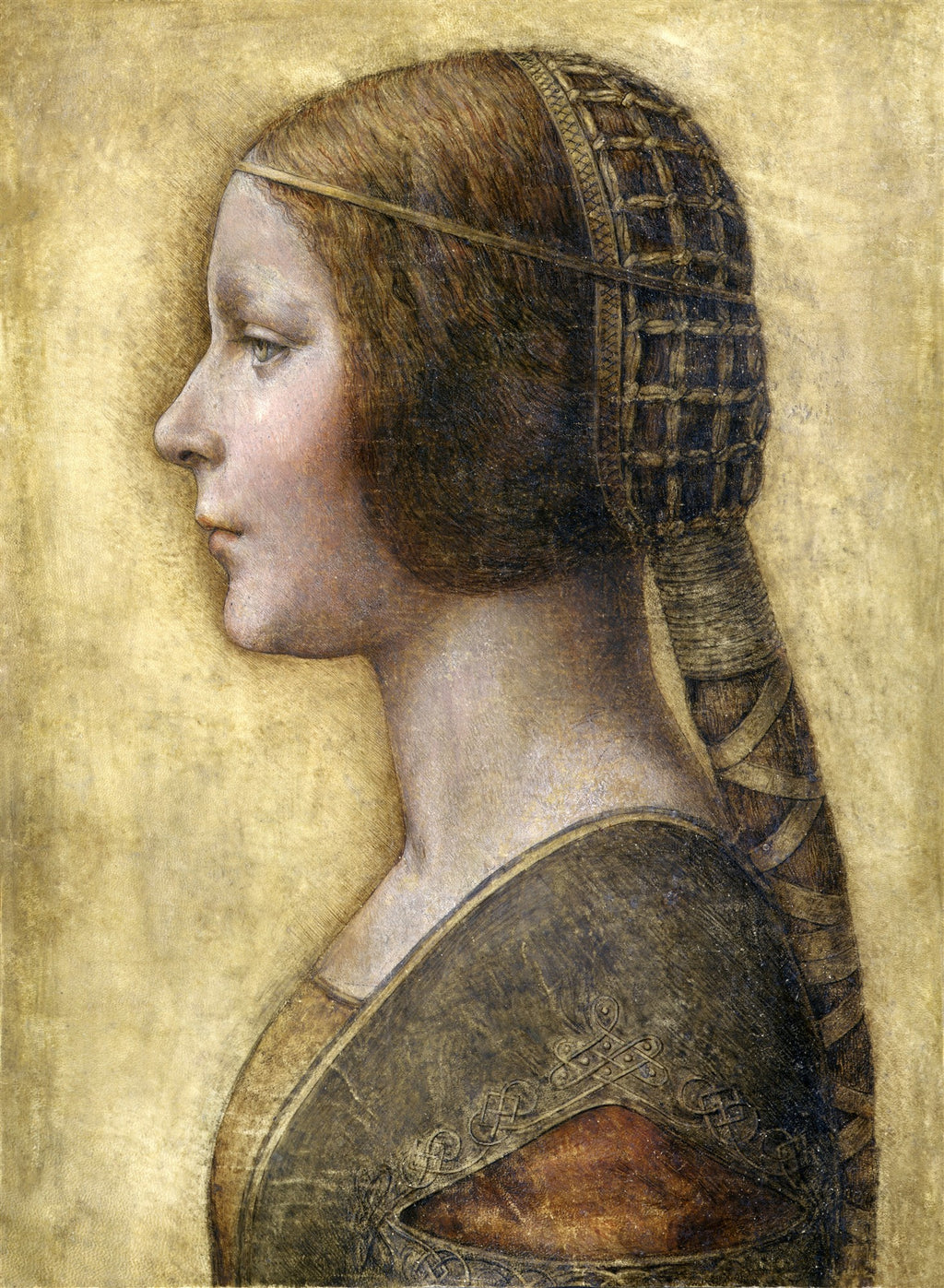 Retrato de perfil de uma jovem mulher com um arminho branco nos braços, em fundo dourado. A mulher tem cabelo castanho escuro preso e veste um traje renascentista. Obra de Leonardo da Vinci.