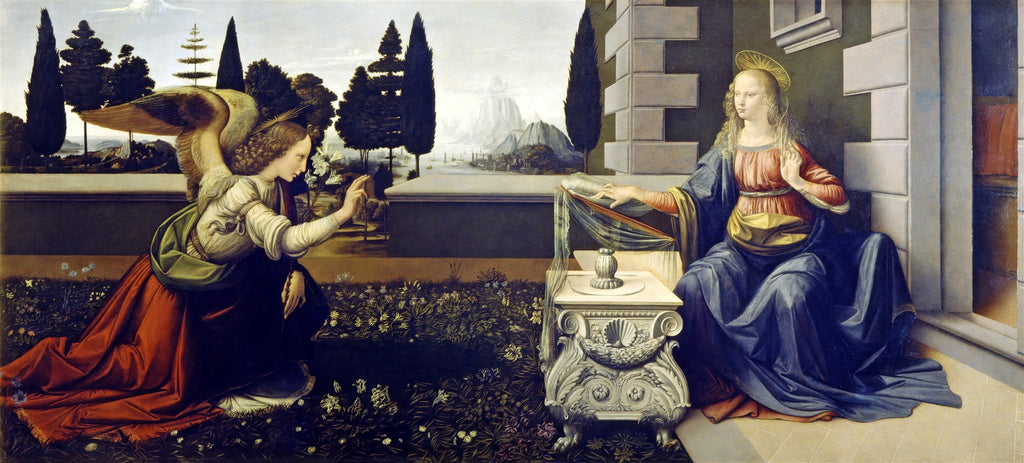 Quadro 'A Anunciação' de Leonardo Da Vinci, mostrando o Anjo Gabriel ajoelhado diante da Virgem Maria em um jardim, com uma paisagem renascentista ao fundo.