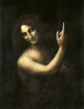 Quadro decorativo com a pintura 'São João Batista' de Leonardo Da Vinci, mostrando um homem jovem com cabelo encaracolado e um sorriso misterioso, apontando para cima contra um fundo escuro. A iluminação destaca o rosto e o braço do santo.